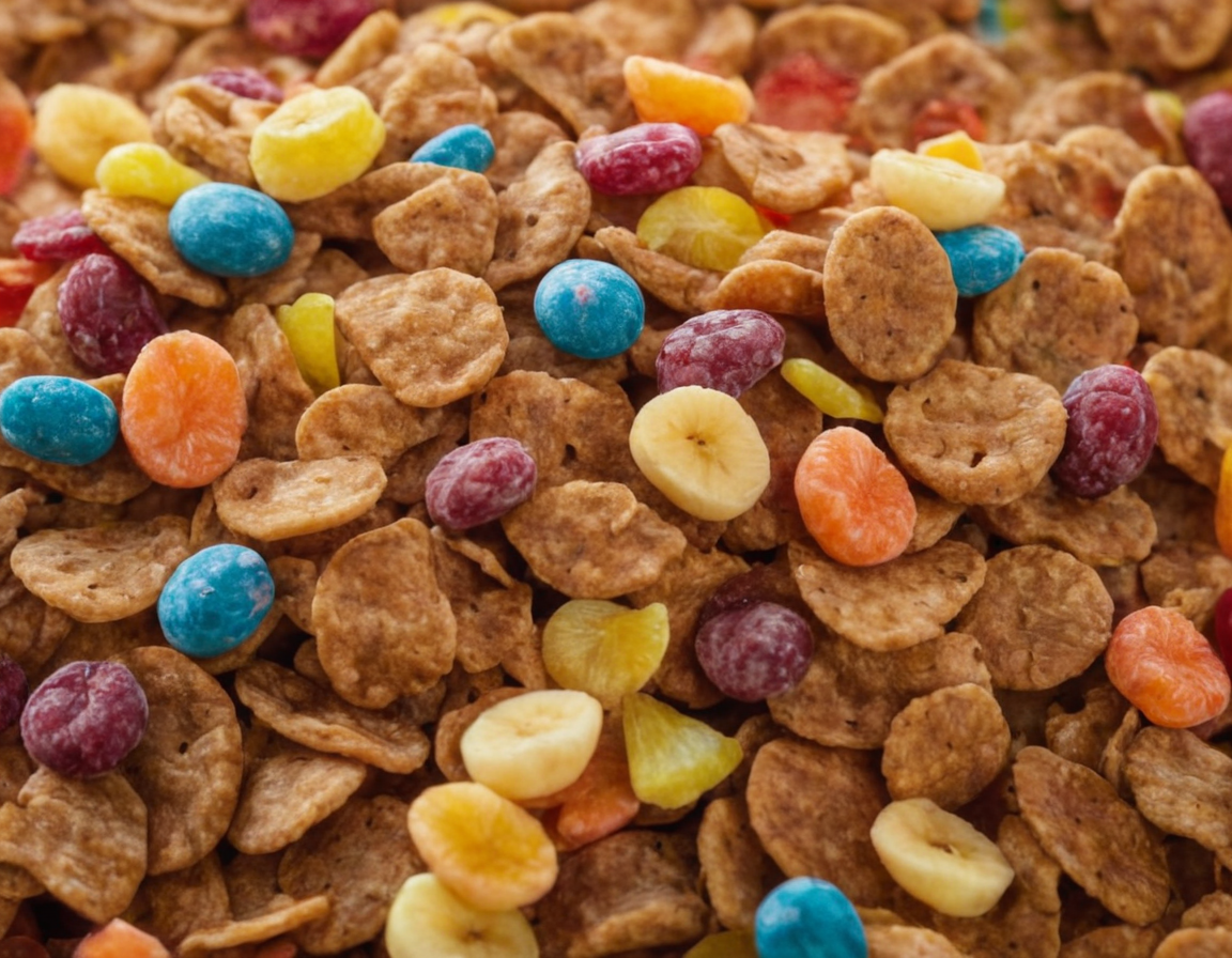 Bowl of Fruity Pebbles cereal with milk and a spoon