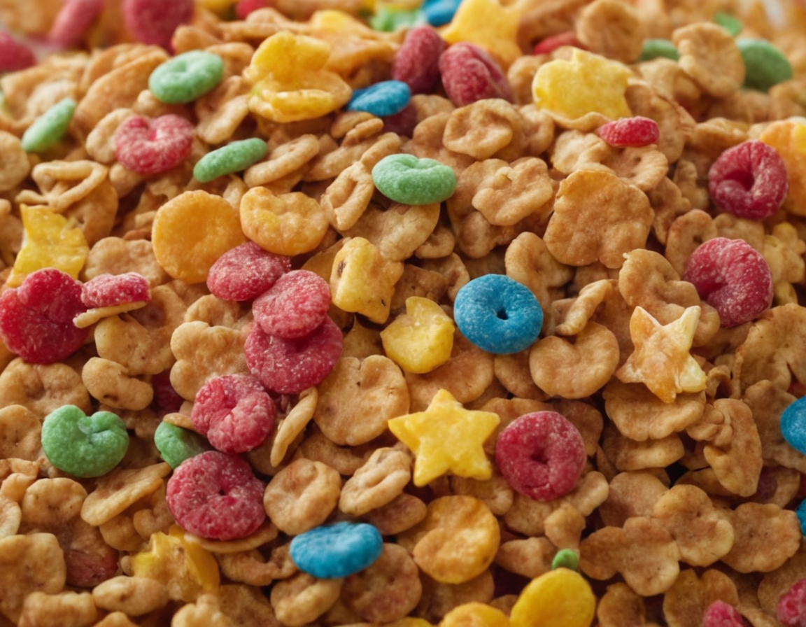 Bowl of Fruity Pebbles cereal with milk and a spoon