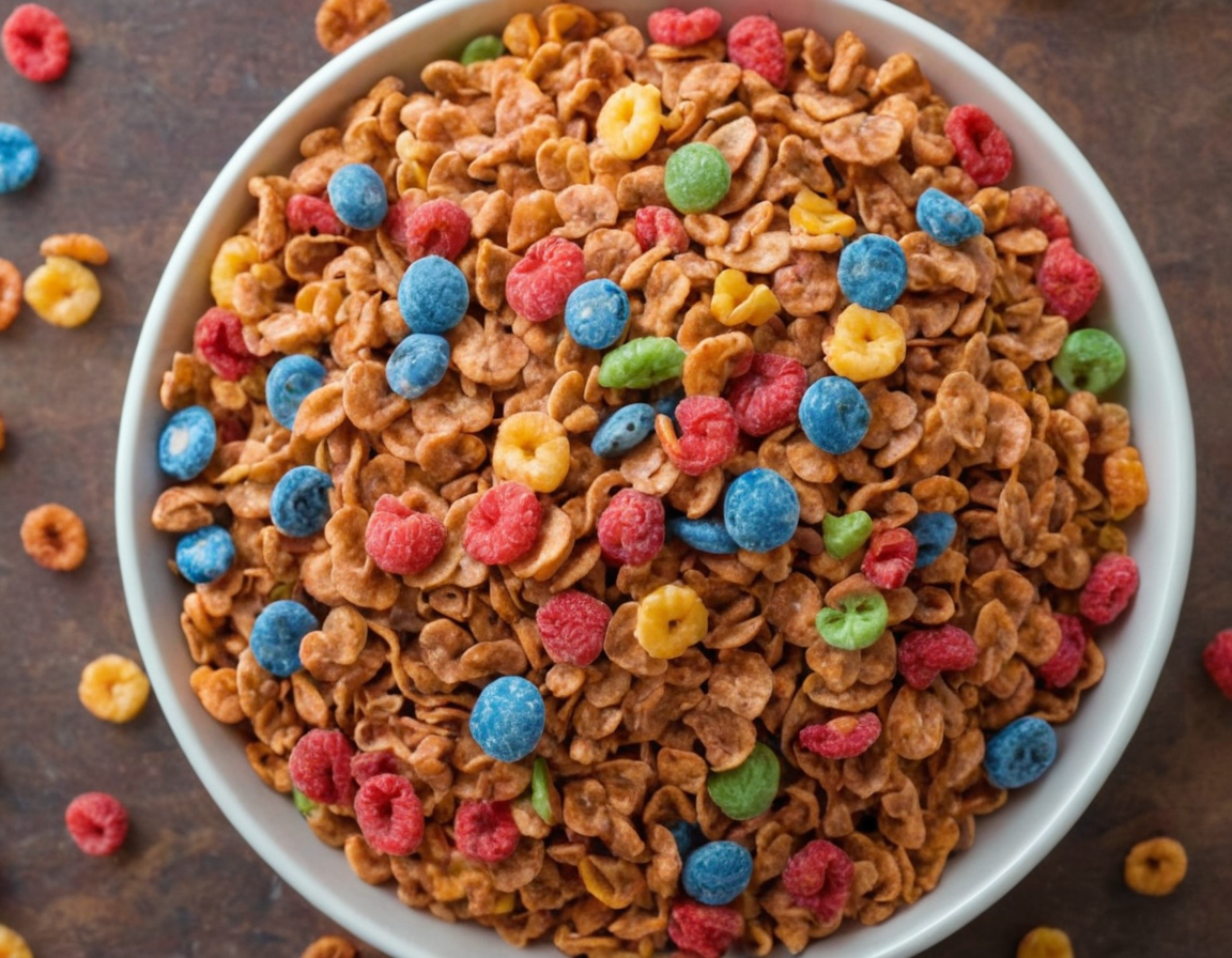 Bowl of Fruity Pebbles cereal with milk and a spoon