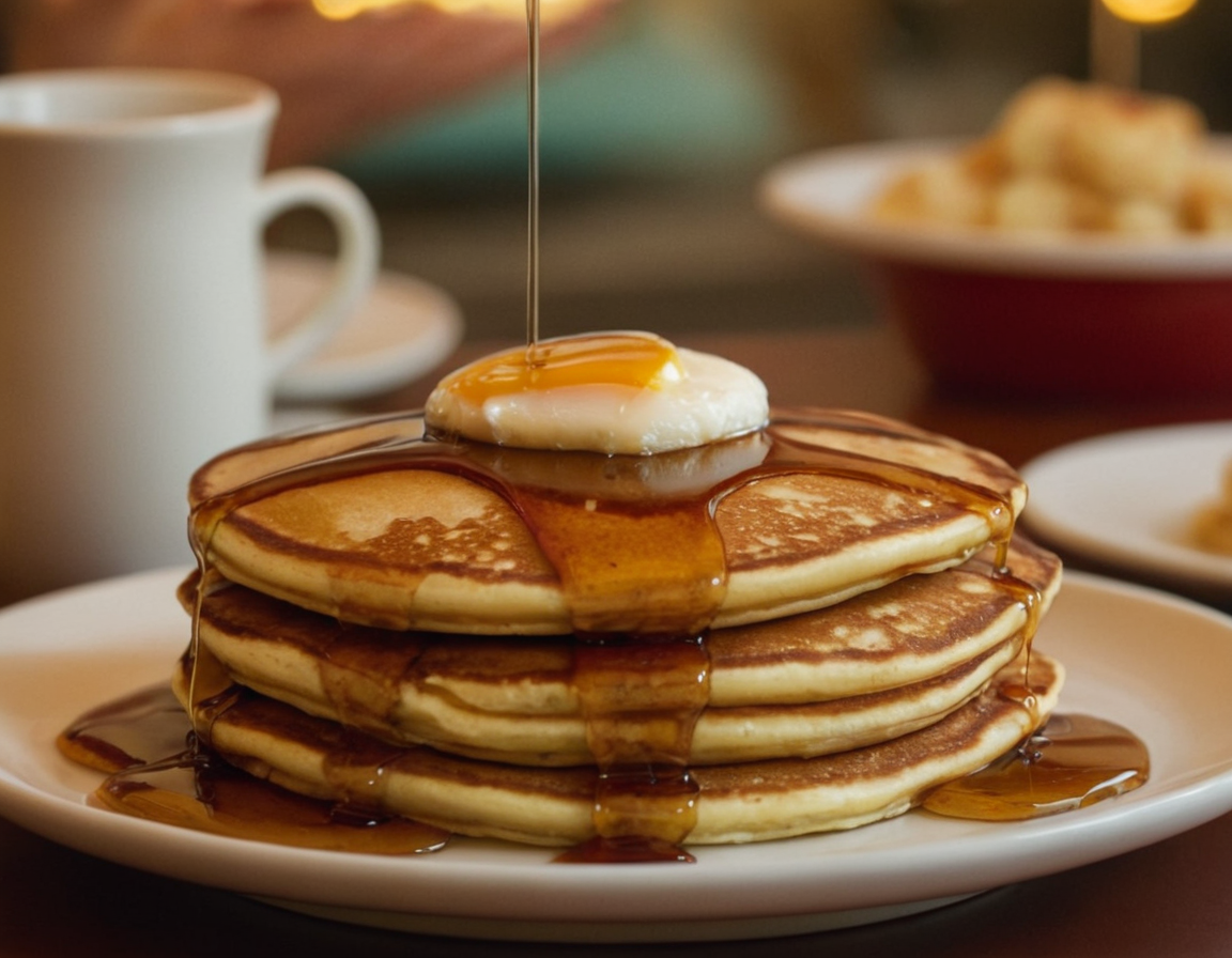 Fluffy diner pancakes with syrup and butter