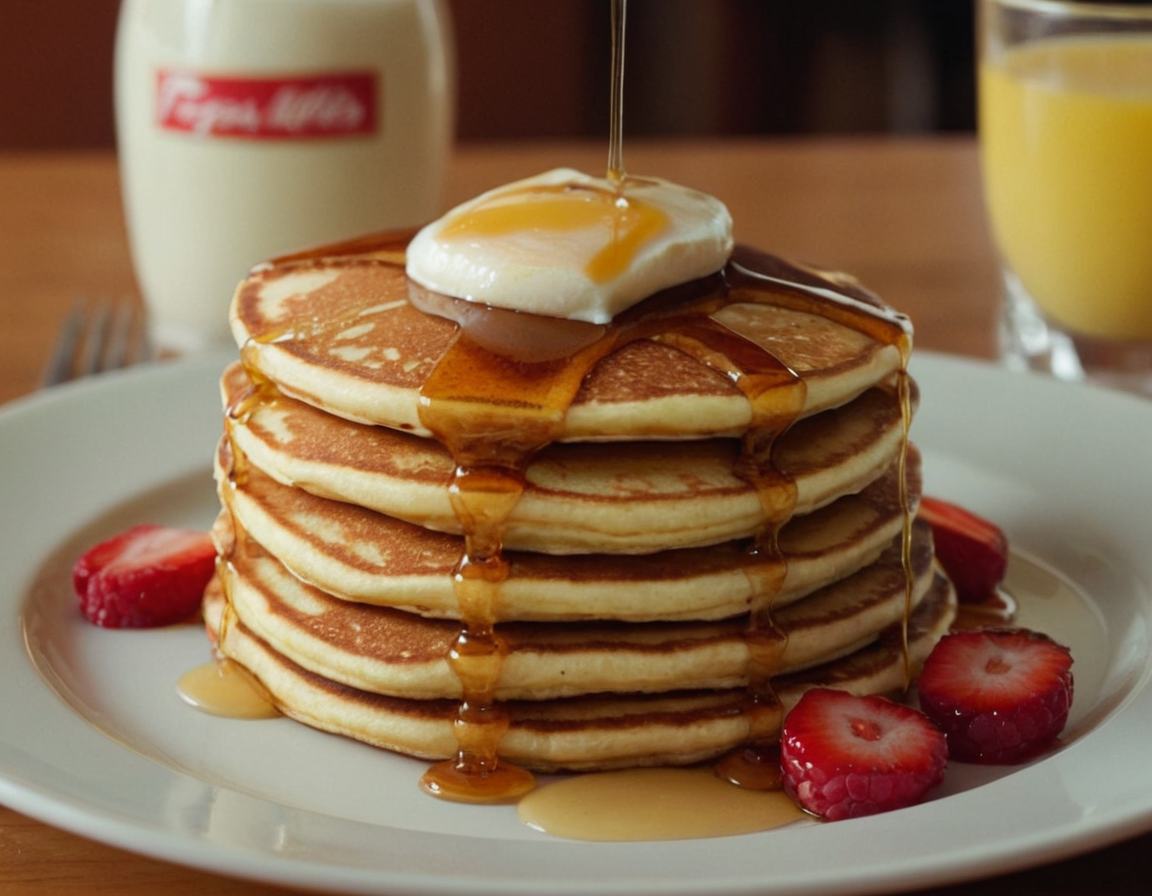 Fluffy diner pancakes with syrup and butter