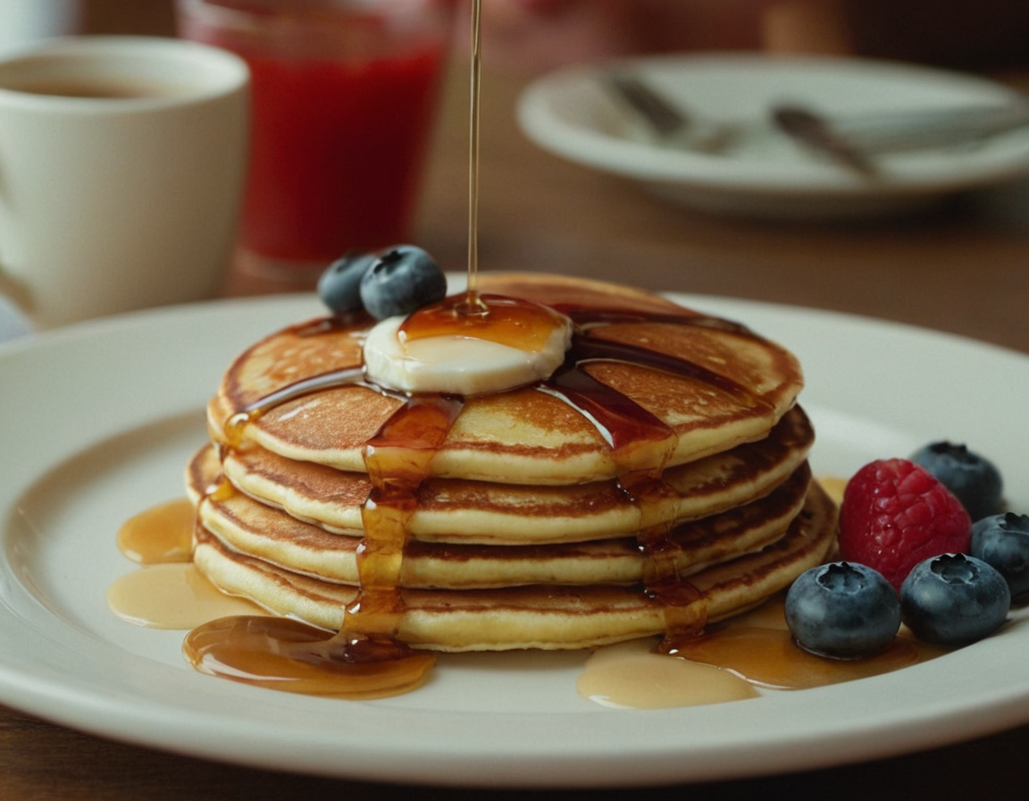 Fluffy diner pancakes with syrup and butter