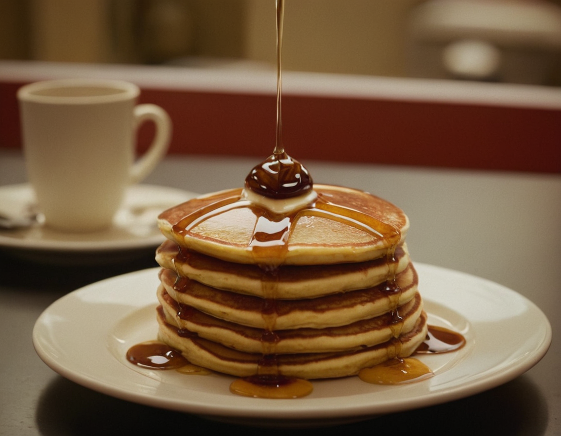 Fluffy diner pancakes with syrup and butter