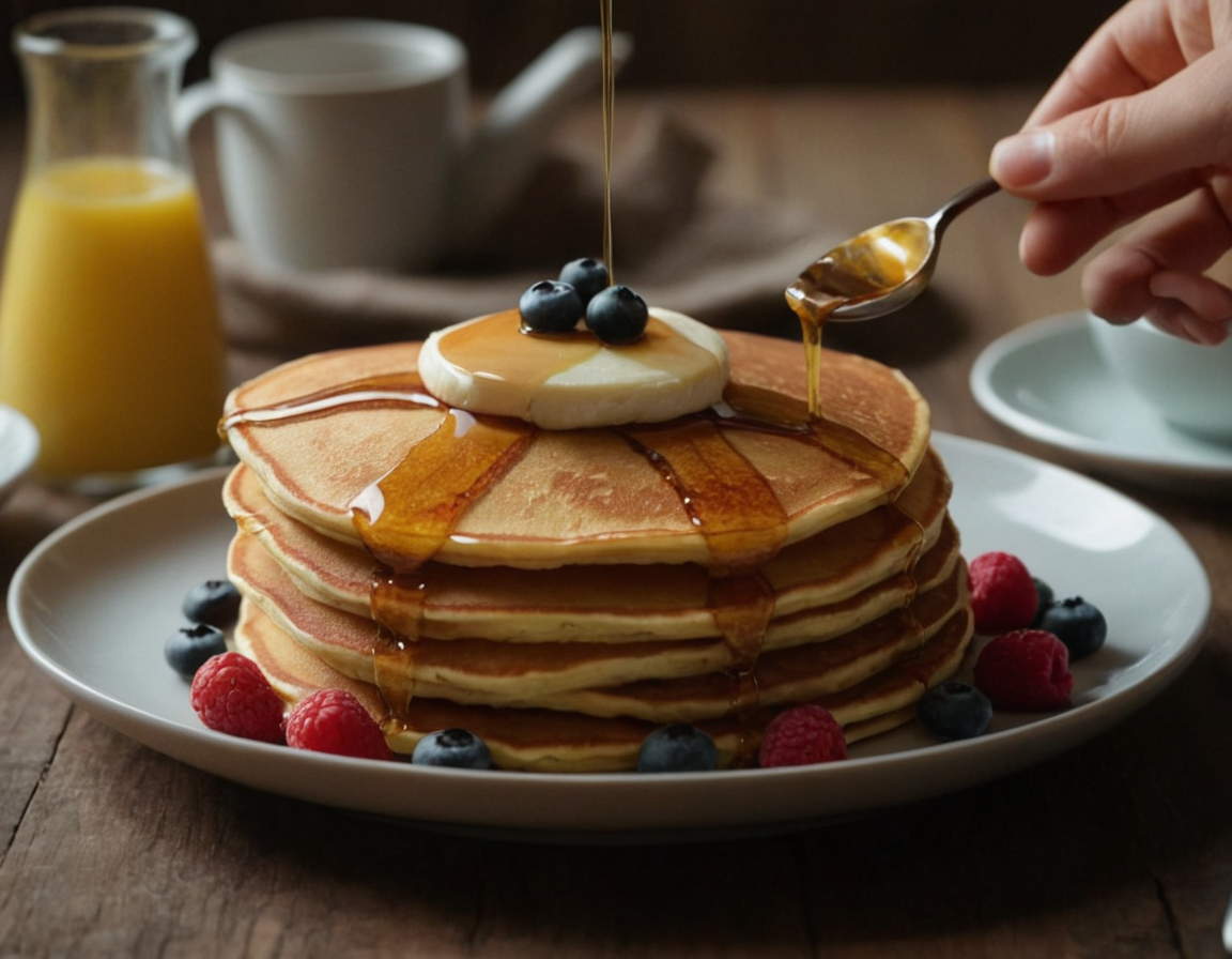 Fluffy pancakes with syrup and berries