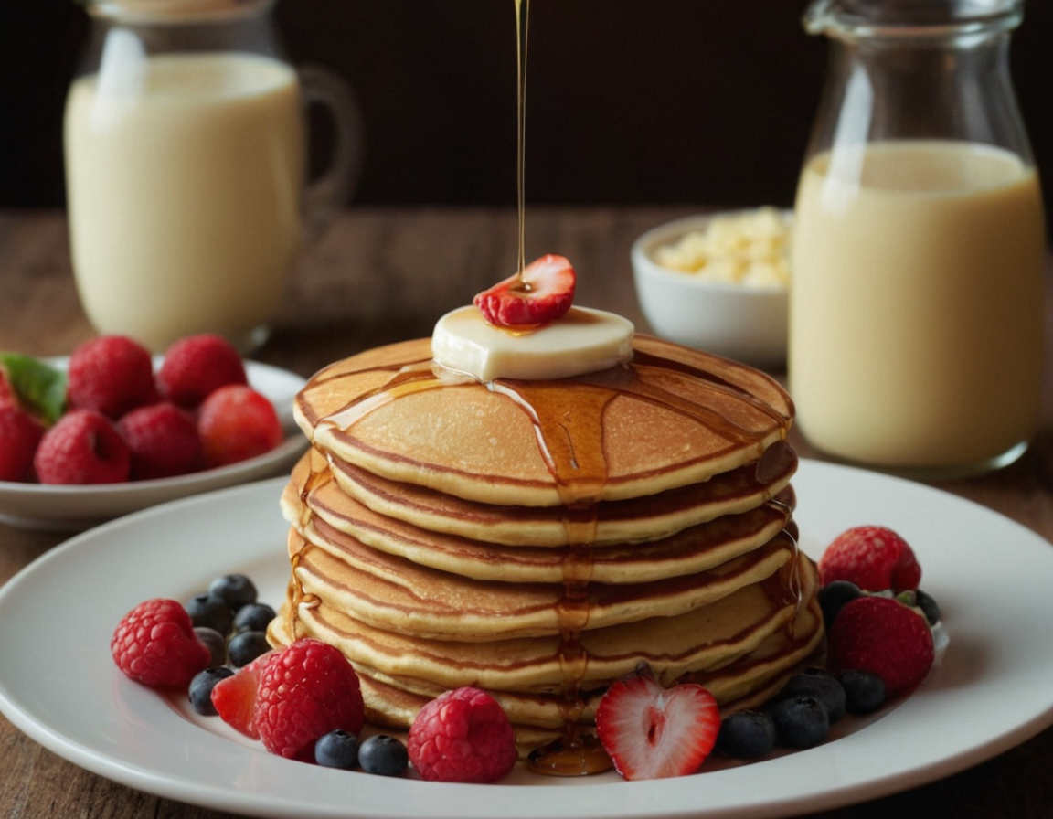 Fluffy pancakes with syrup and berries