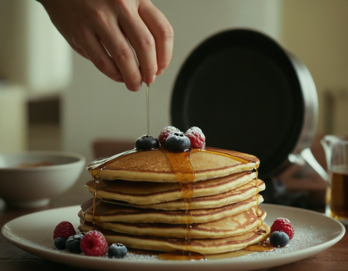 Fluffy pancakes with syrup and berries